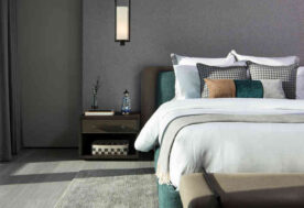 A Neutral Bedroom Design With Dark Teal Hues, Adorned With A Pendant Light Fixture, In A Modern Asian Penthouse.