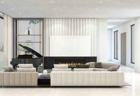 Contemporary Fort Lauderdale Home Living Room Design, Complete With Panel Accent Walls, A Fireplace, Piano, And A Backyard View.