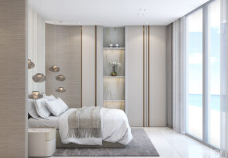 Sophisticated Armani Casa Condo Bedroom With Pendant Lighting And Ocean View By DKOR Interiors.