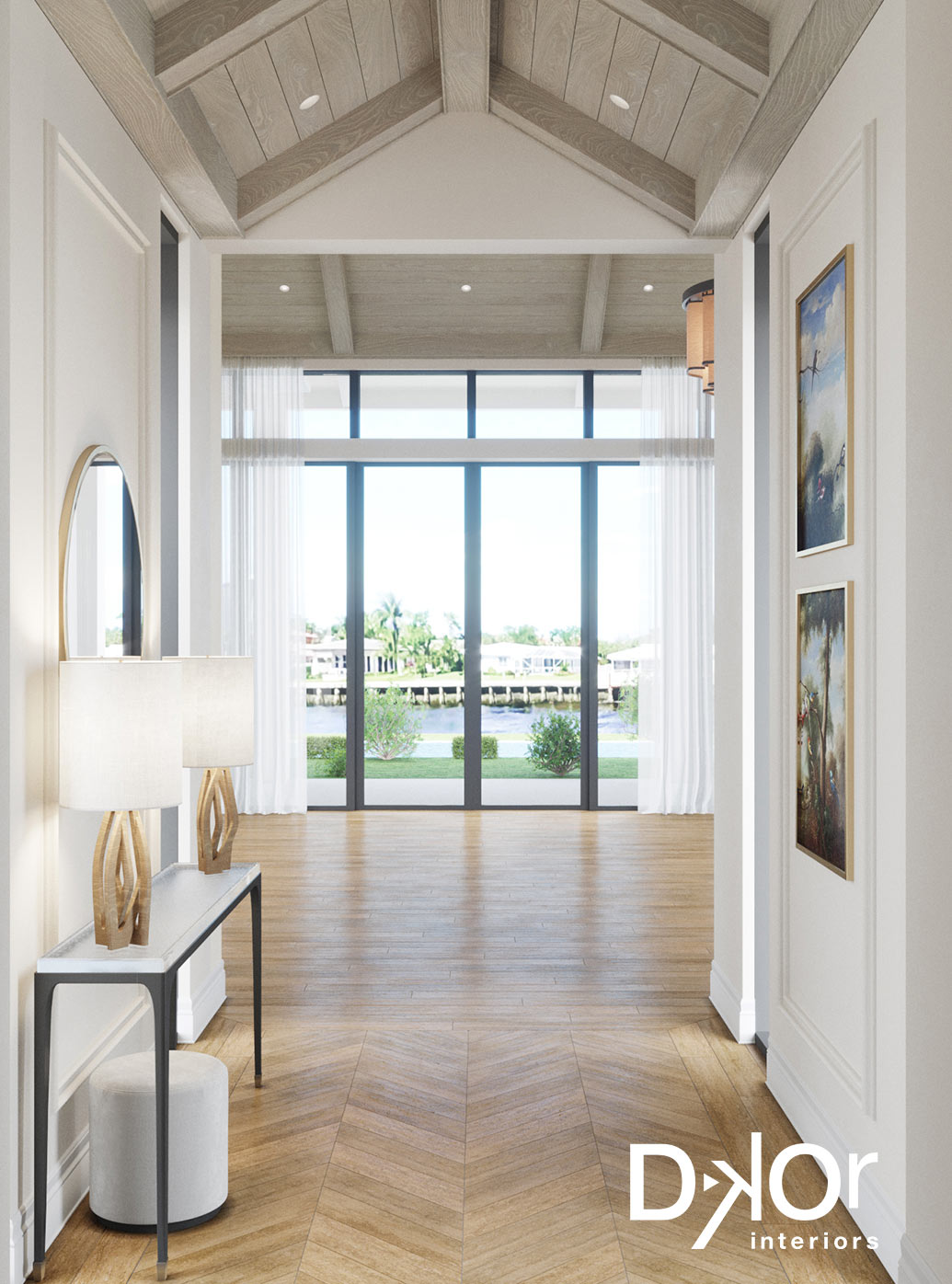 Entry foyer of a residence opening onto the living area with a waterfront view.