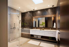 Elegant His Master Bathroom Design With Dark Tiles