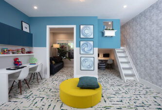 Playroom Ideas Featuring A Playroom  With Blue And Yellow Hues, Dedicated Study Area, And A Reading Nook.