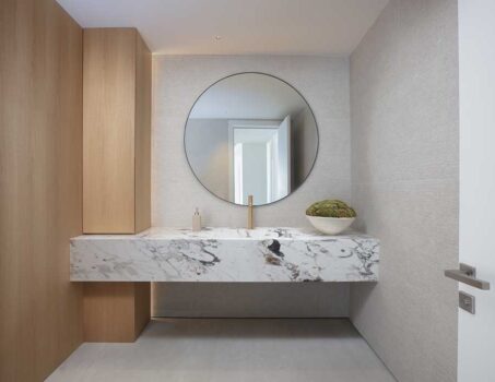 Rounded Mirror Bathroom Wooden Wall
