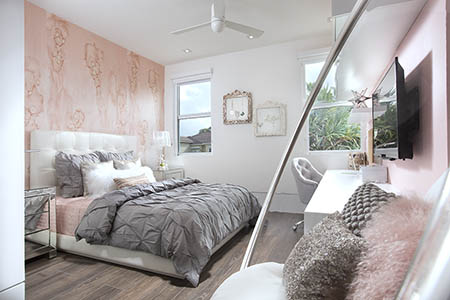 Girls Bedroom Design with Pink Wallpaper Accent