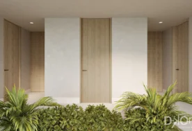 The Entry Area Of A Sauna Room Within A Punta Cana Residence With Wood Details And Greenery