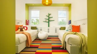 A Vibrant Shared Kids' Bedroom Adorned With Playful Green Colorblocking