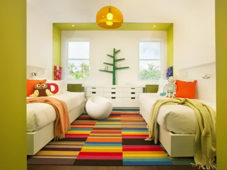 A Vibrant Shared Kids' Bedroom Adorned With Playful Green Colorblocking