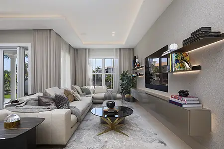 Luxury living area with creative coffee table and ottoman setup